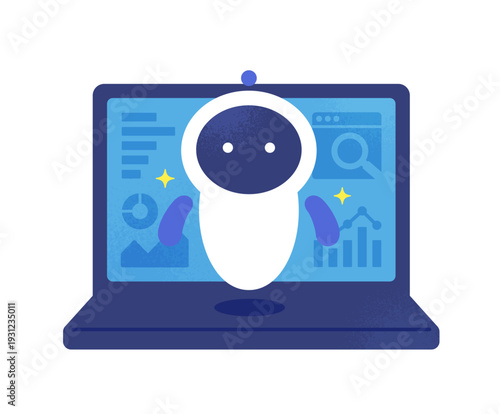 AIによるデータ解析・モニタリングのイメージ。グラフや数値を調査するAIのベクターイラスト素材。