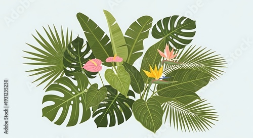Tropical leaves and flowers illustration.