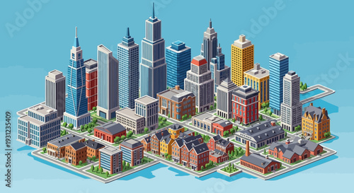 Isometric cityscape with modern and classic buildings against a blue background