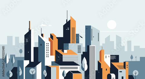 Modern city skyline illustration with geometric buildings and sunlight
