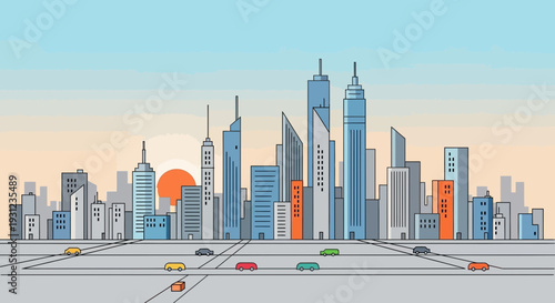 Modern city skyline illustration with skyscrapers and vehicles under a sunset