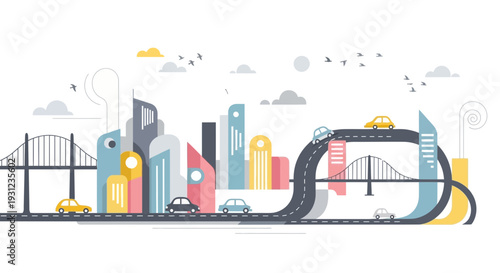 Modern cityscape illustration with buildings cars bridges and roads