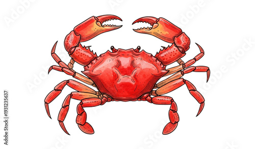 A vibrant red crab illustration with claws and legs on a white background