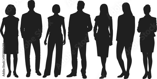 Black silhouettes of a diverse group of seven business professionals standing in formal attire isolated on white background for corporate team and global workforce concepts.