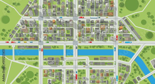 Overhead urban map illustration showing city buildings roads and green spaces