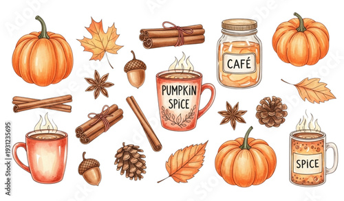 A vibrant illustration of pumpkin spice themed items for fall