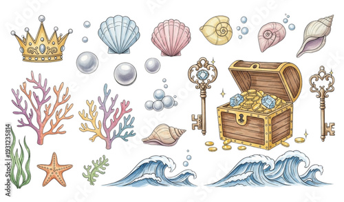 A colorful illustration of underwater treasures and ocean elements in a whimsical design