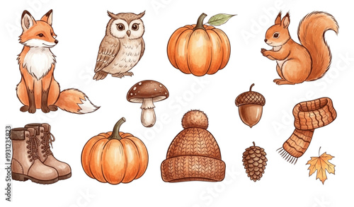 A set of autumnal icons featuring a fox, owl, squirrel, and other seasonal elements