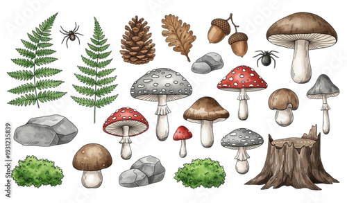 A colorful illustration of various mushrooms, plants, and forest elements in a whimsical design