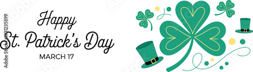 Green shamrocks and hat celebrating st patricks day with text march 17 clover