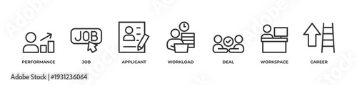 Business Leadership Strategy Icons set vector illustration outline with TASK DONE, JOB INTERVIEW, EMPLOYEES, TASK, MEETING, COMPANY, LEADER