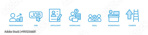 Workforce Achievement Concept Icons set vector illustration outline blue with TASK DONE, JOB INTERVIEW, EMPLOYEES, TASK, MEETING, COMPANY, LEADER