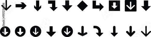 Set of black and white directional arrows and symbols in various shapes and orientations