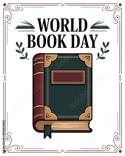 World Book Day with Classic Leather Bound Book Illustration