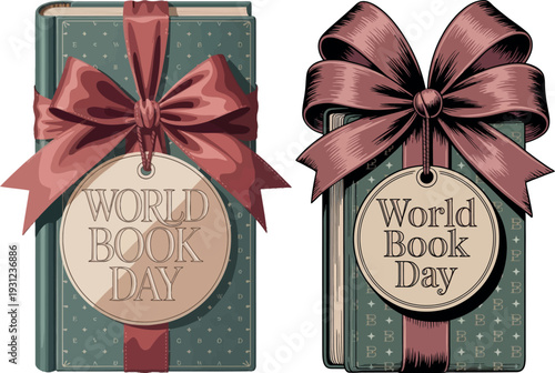 World Book Day with Gift Wrapped Books and Ribbon Illustrations