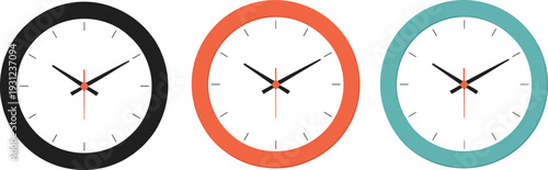 Three analog clocks with black orange and turquoise frames showing the same time black frame orange frame