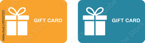 Two gift card with white ribbon and text on orange and blue backgrounds orange background square shape