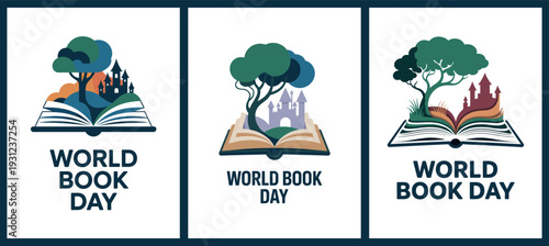 World Book Day Posters with Open Book and Tree Growth Illustration