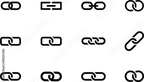 Various black and white chain link in different styles and shapes connection