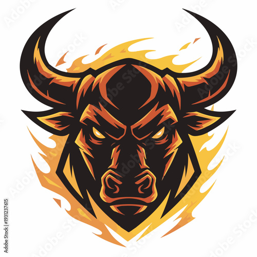 Fiery bull head mascot vector illustration, symbolizing strength, power, and determination, perfect for sports teams, e-sports logos, or aggressive brand identities