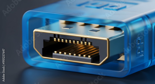 Close up macro shot of a blue displayport connector with gold plated pins and a transparent plastic casing showing intricate electronic details and connections on a dark background