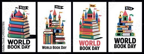 World Book Day Posters with Stacked Books and Flag Illustrations