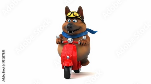 Animated German Shepherd Dog Riding a Red Scooter Wearing Goggles and Scarf