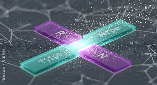 Abstract representation of semiconductor p-n junction with glowing energy transfer and digital network background symbolizing electronic components and data flow