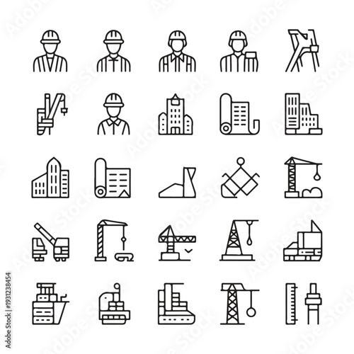 A collection of black and white line representing various aspects of construction, including workers in helmets, buildings, tools, and heavy machinery
