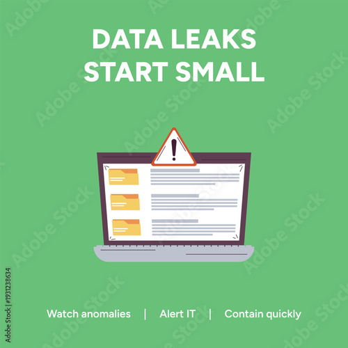 Simple vector illustration emphasizing a crucial warning sign displayed prominently above digital file folders on a laptop screen signifying the early stages of potential data leaks.
