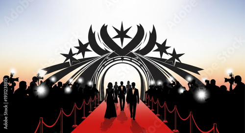 Celebrities walking on red carpet under archway with spotlights.