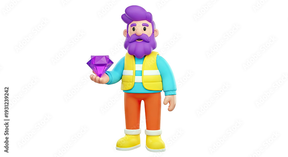 Fototapeta premium 3D Cartoon Man Holding a Purple Gemstone