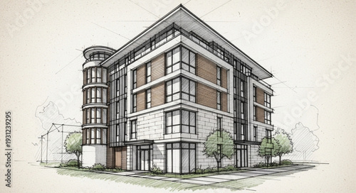 Architectural sketch of a modern multi story building exterior.