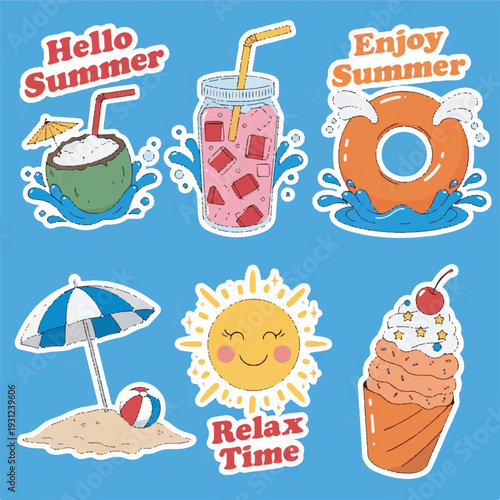 Set of cartoon stickers with summer-themed illustrations, perfect for invitations, scrapbooking, or social media posts with a fun and festive vibe