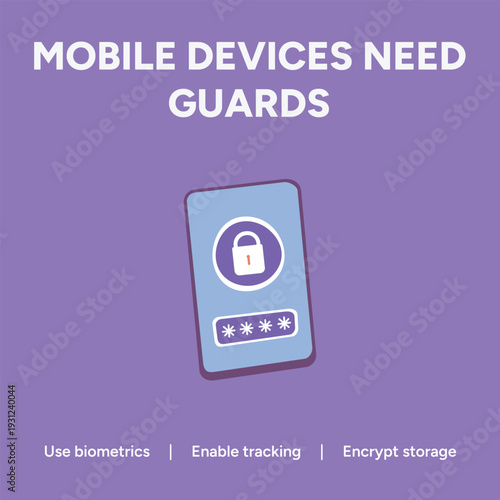 Mobile device security graphic illustration reminding users that smartphones require strong digital guards for data protection against unauthorized access attempts