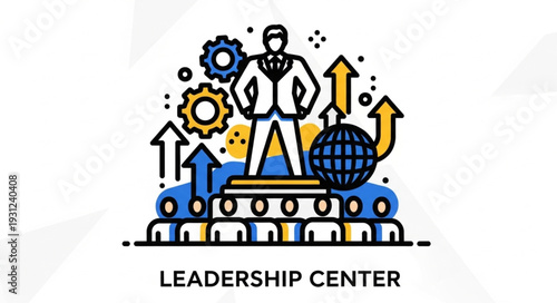 Business leader standing tall on platform with global success symbols.