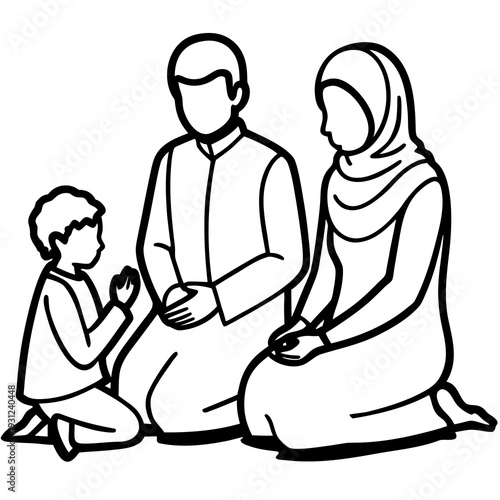 Muslim Parents Teaching Child Islamic Values – Family Line Art Vector Illustration