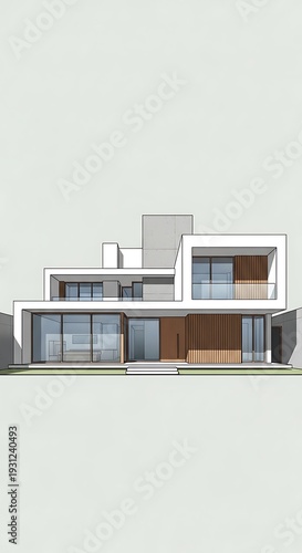 Modern house with large windows and balcony.