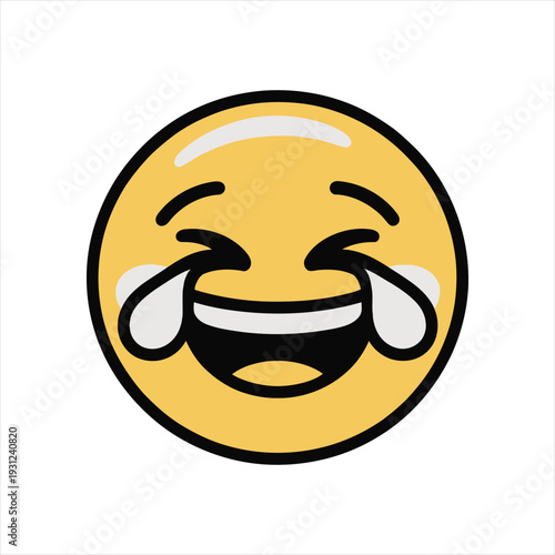 Laughing yellow emoji with tears of joy, wide open mouth, and closed eyes, cartoon vector