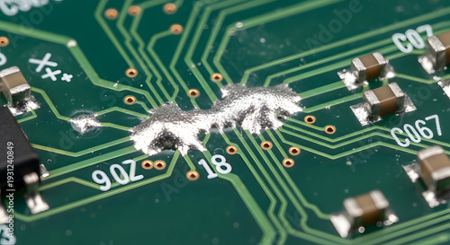 Close up of a damaged green printed circuit board showing burnt traces and electronic components with visible circuitry and solder points