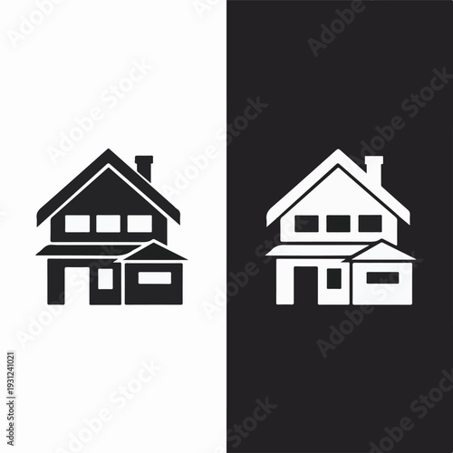 Modern vector icon of a residential house with gabled roof and chimney, shown in black and white for versatile real estate and home designs
