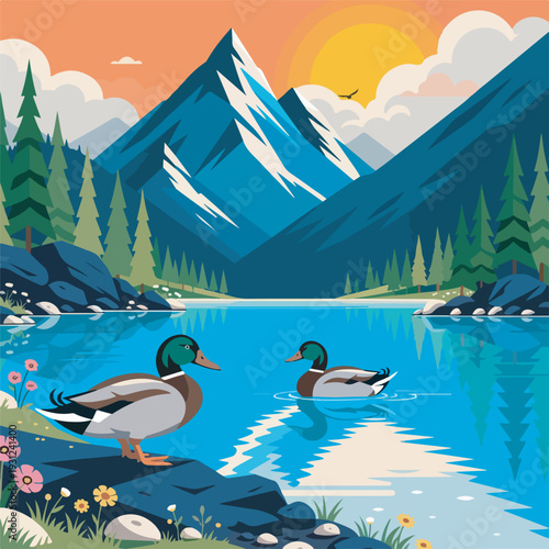 A serene lakeside landscape with two mallard ducks, majestic mountains, and pine trees under a vibrant sunset, capturing the tranquility of wilderness