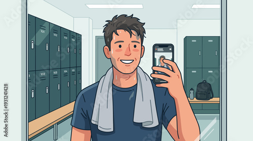 Sweaty Man Taking Mirror Selfie in Gym Locker Room After Workout