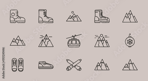 Hiking boots and mountain icons set.