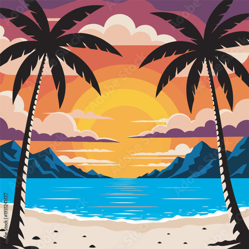 Vibrant tropical beach sunset illustration. Palm trees frame a serene ocean vista with distant mountains and a colorful sky, creating idyllic island paradise