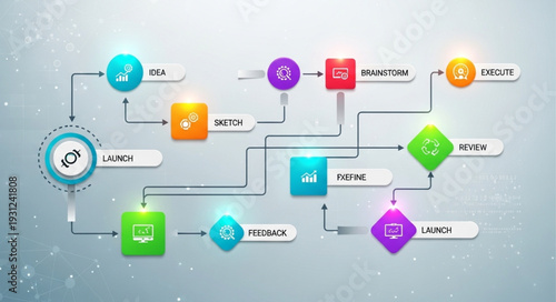 Business Process Flowchart Diagram with Icons and Steps.