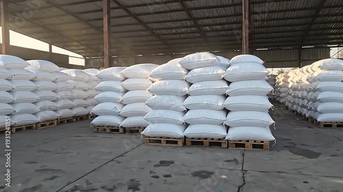 White sacks of goods are stacked on wooden pallets in a warehouse.