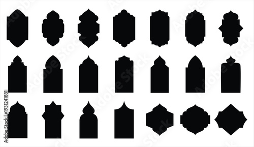 Collection of oriental style islamic vector shapes of a window or door arch mosque gate islamic arabesque pattern arab frame set on transparent background ramadan kareem silhouette icon set.