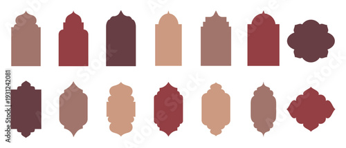 Shape Islamic door and window silhouette Arabic arch. Collection of patterns in oriental style. Frames in Arabic Muslim design for Ramadan Kareem. Vector mosque gate shape isolated on white.