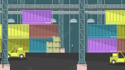 Animated Warehouse Interior with Forklifts Moving Colorful Shipping Containers and Boxes